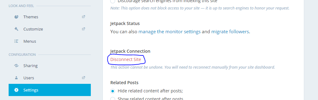 disconnect jetpack via wordpress