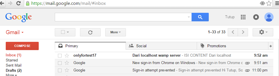 email received on gmail from localhost