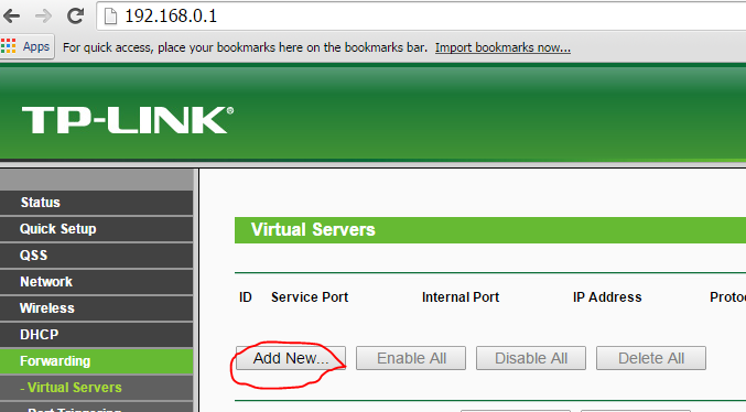 add new forwarding virtual server