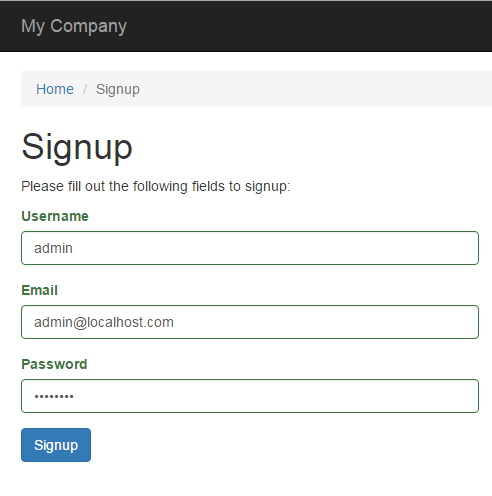 signup yii 2 advanced template